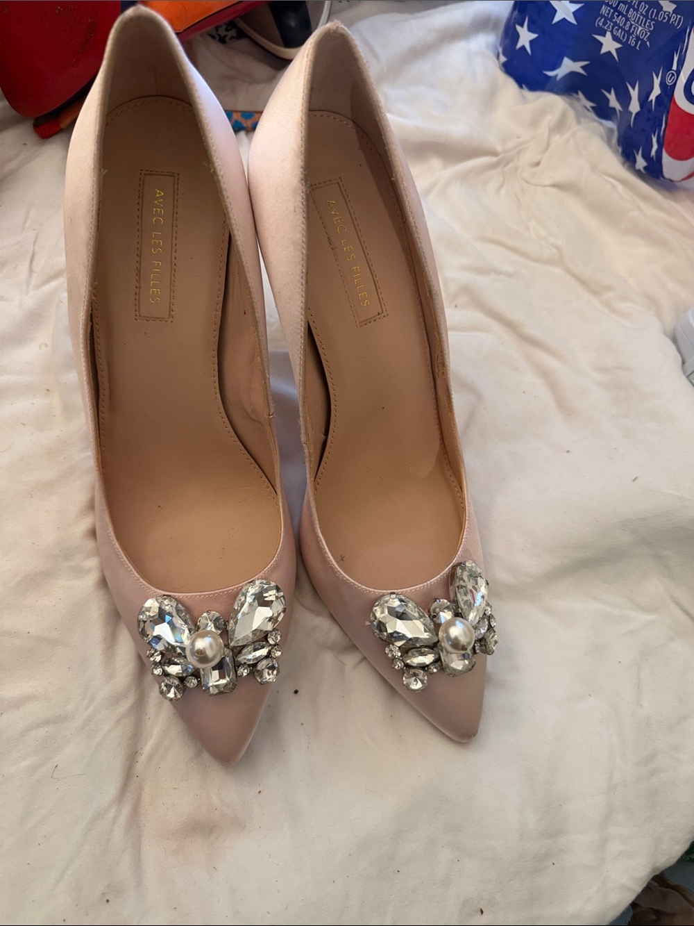 Blush Pink Embellished Pointed-Toe Pumps